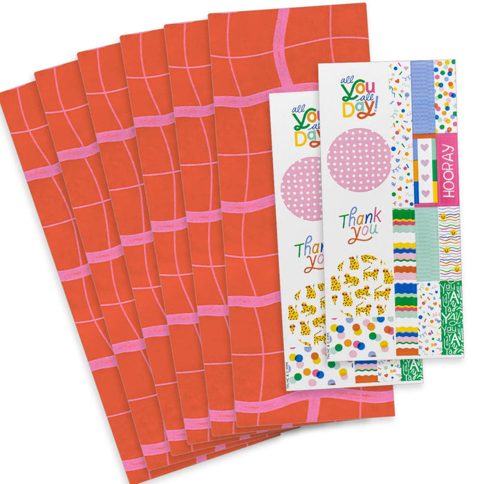 Wavy Pink Plaid on Red Tissue Paper Wrapping Kit