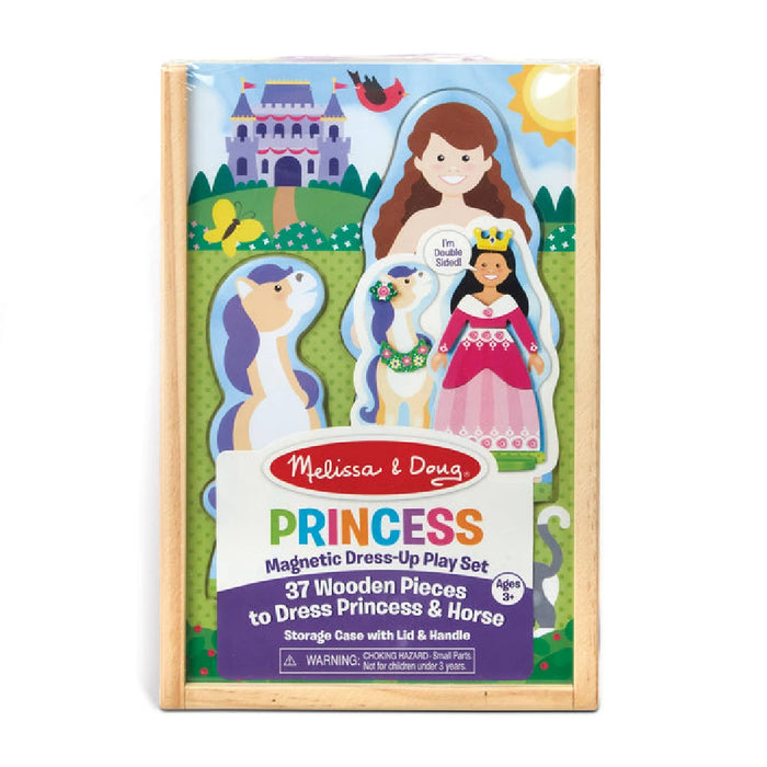 Melissa & Doug princess dress-up set with an assortment of dresses and accessories, perfect for imaginative role play.