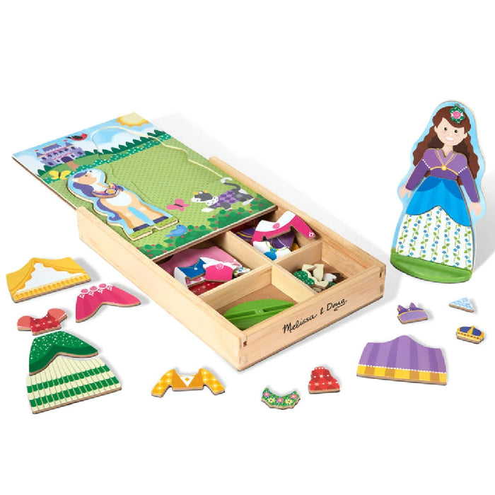 Melissa & Doug princess dress-up set featuring colorful gowns, tiaras, and accessories for imaginative play.