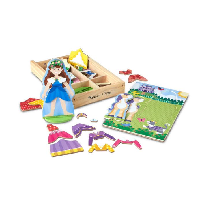 A Melissa & Doug princess dress-up set with various dresses, crowns, and accessories for creative role-playing.