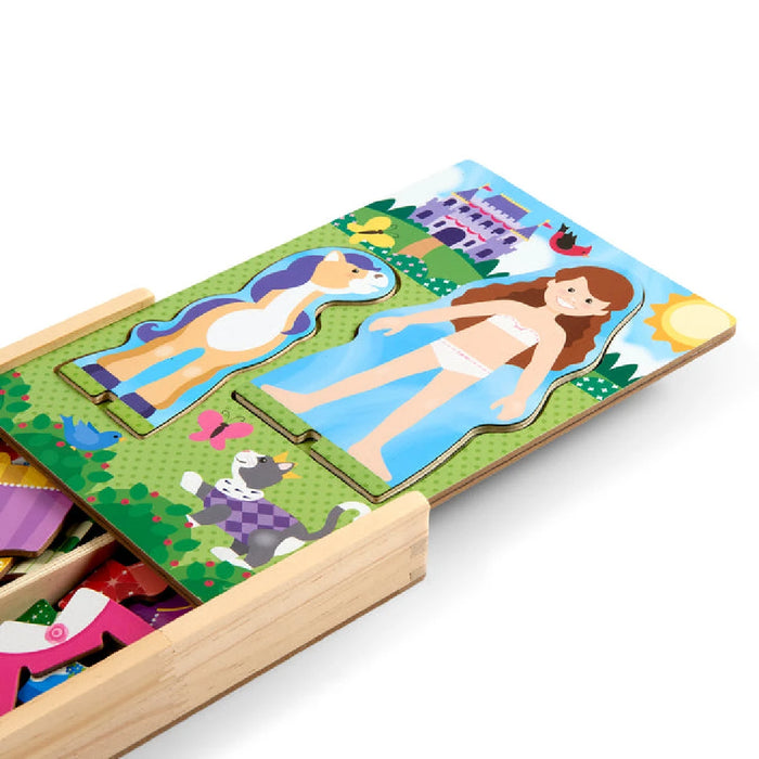 Melissa & Doug princess dress-up set showcasing vibrant costumes and accessories for children’s imaginative playtime.