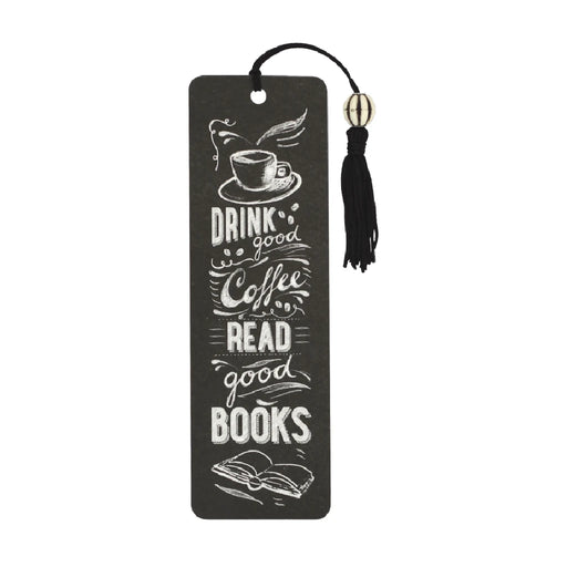 Bookmark featuring the phrase "Drink good coffee, read good books" in a stylish font on a colorful background.