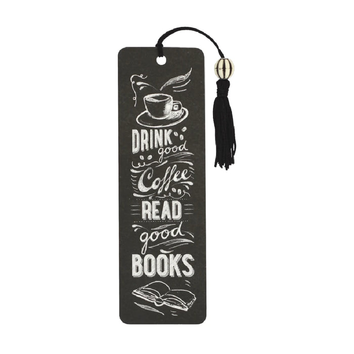 Bookmark featuring the phrase "Drink good coffee, read good books" in a stylish font on a colorful background.