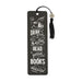 Bookmark featuring the phrase "Drink good coffee, read good books" in a stylish font on a colorful background.