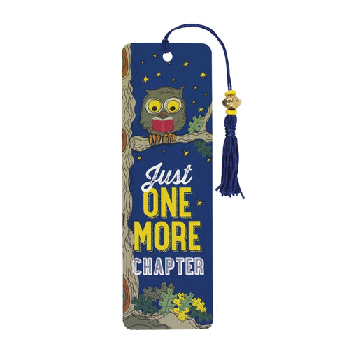 Owl-shaped bookmark with the phrase "Just one more chapter" in playful font, set against a colorful background.