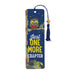 Owl-shaped bookmark with the phrase "Just one more chapter" in playful font, set against a colorful background.
