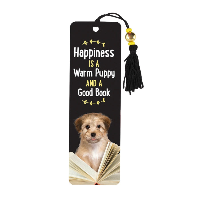 A cozy scene featuring a warm puppy resting beside a bookmark placed on an open book, symbolizing joy and comfort.