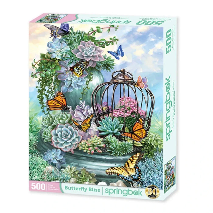 Jigsaw puzzle box with butterfly and succulent design on a white background