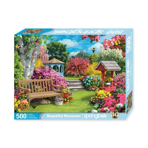 Jigsaw puzzle box featuring a garden scene with flowers and a bench.