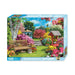 Jigsaw puzzle box featuring a garden scene with flowers and a bench.