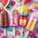 Colorful popsicles with sprinkles surrounded by watermelon slices, strawberries, and lemons on a light blue background.