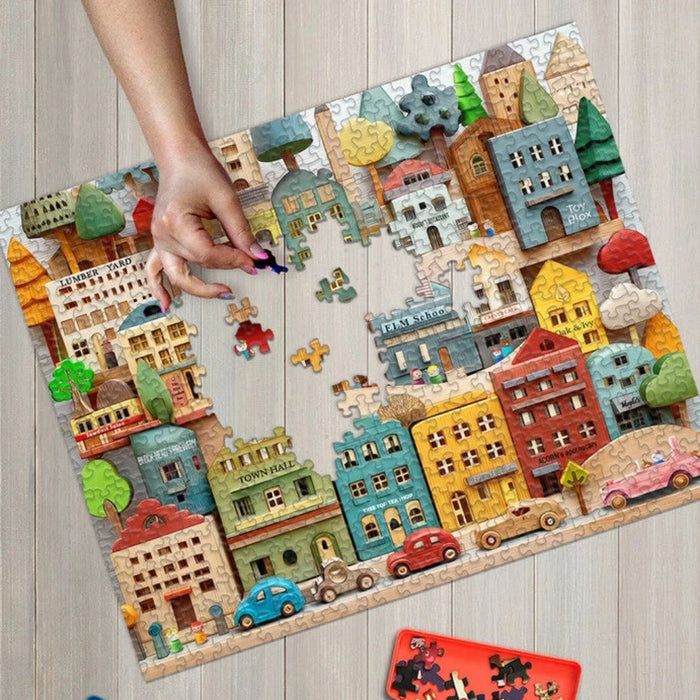 Colorful puzzle of a cityscape with missing pieces on a wooden surface