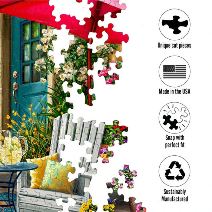 Jigsaw puzzle with a summer scene featuring a bench, a flower and product features displayed.