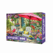 Jigsaw puzzle box with a garden scene featuring chairs, table, and umbrella, branded 'Springbok'.