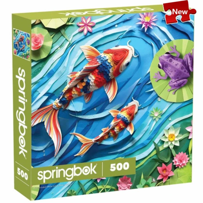 Springbok Paper Koi 500-piece jigsaw puzzle featuring artistic koi-inspired artwork
