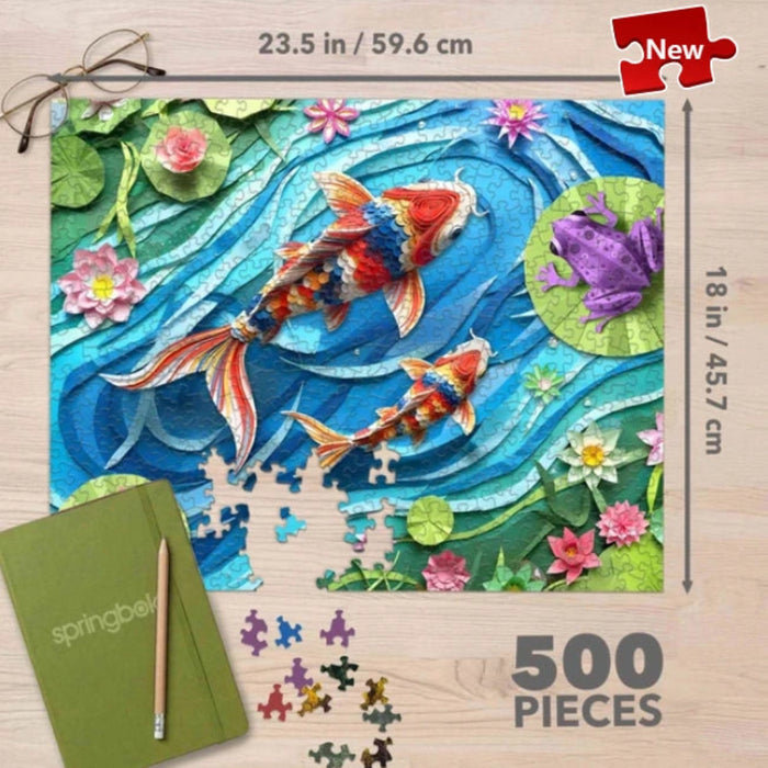 Springbok Paper Koi 500-piece jigsaw puzzle featuring artistic koi-inspired artwork