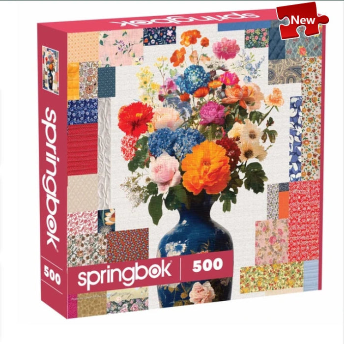 Springbok Quilted Flower Vase 500-piece jigsaw puzzle featuring colorful floral artwork