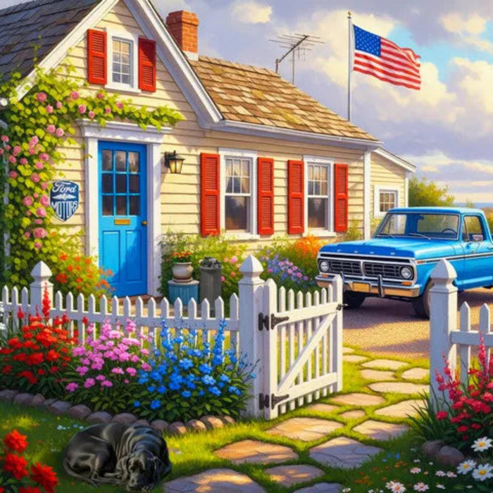 This Springbok Ford Home in Michigan 500-Piece Jigsaw Puzzle captures a charming automotive-inspired scene with nostalgic American character.