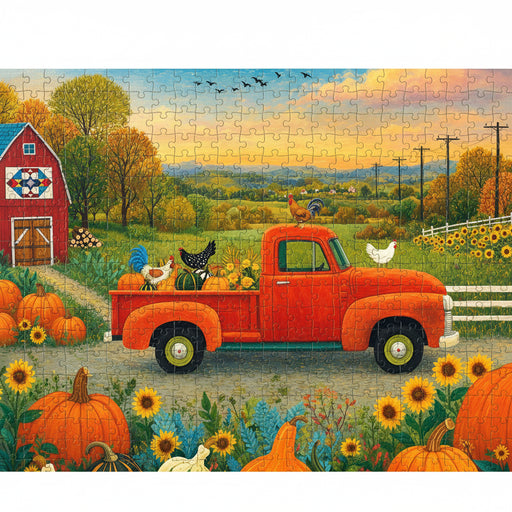 This Springbok Sun Flower Farmstead 500 Piece Jigsaw Puzzle brings a charming autumn farm scene to life.