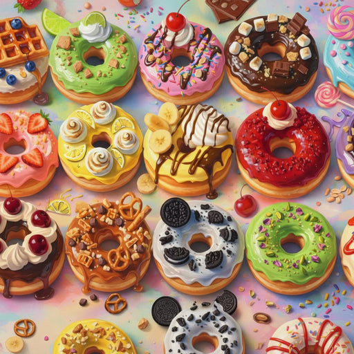 This vibrant Springbok Decadent Donuts 500 Piece Jigsaw Puzzle features a mouthwatering spread of colorful, frosted donuts in every flavor imaginable. 