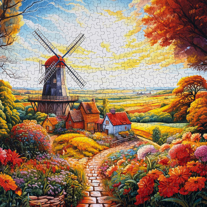 Colorful landscape puzzle with a windmill and village scene