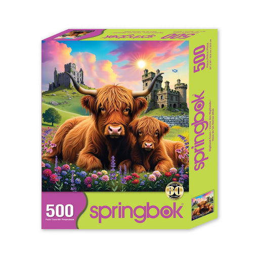Springbok 500-piece puzzle box with Highland cows and castle design