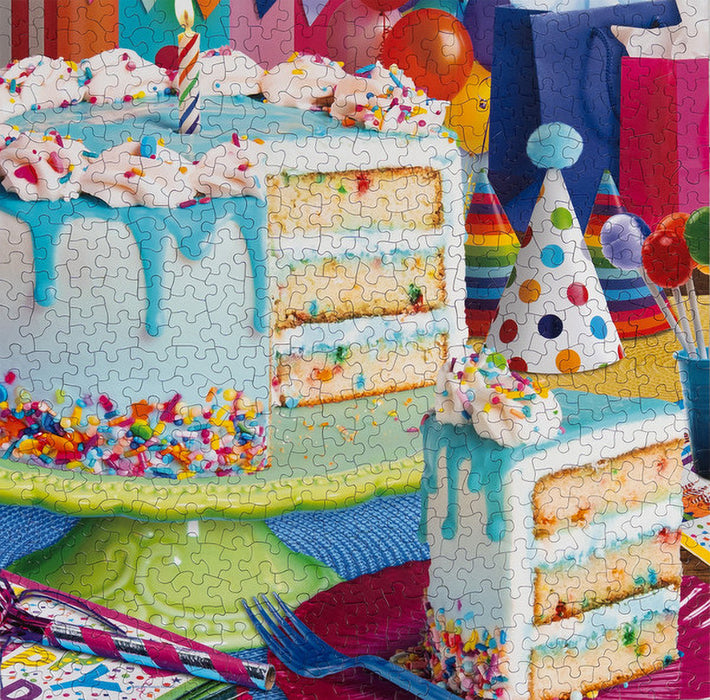 Colorful birthday cake puzzle with birthday hats and balloons