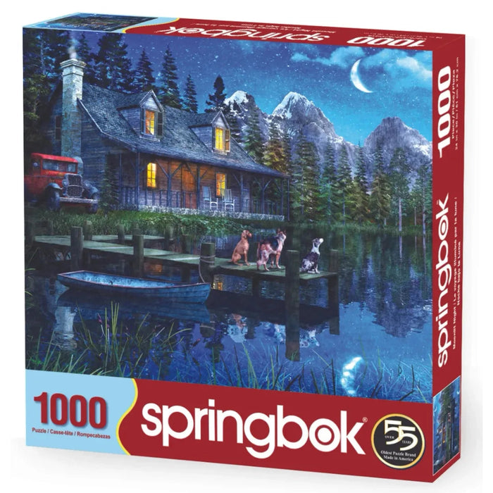 Springbok puzzle box with a cabin and lake scene