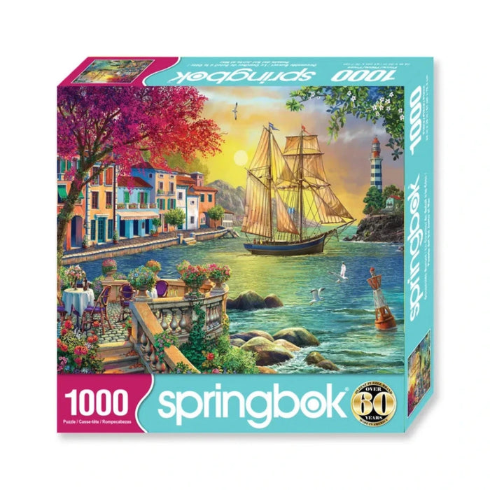 Springbok 1000-piece puzzle box with a scenic design of a coastal town and sailboat.