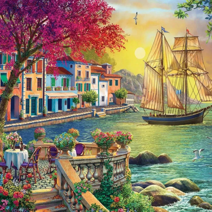 Coastal scene with a sailboat, colorful buildings, and a lighthouse.