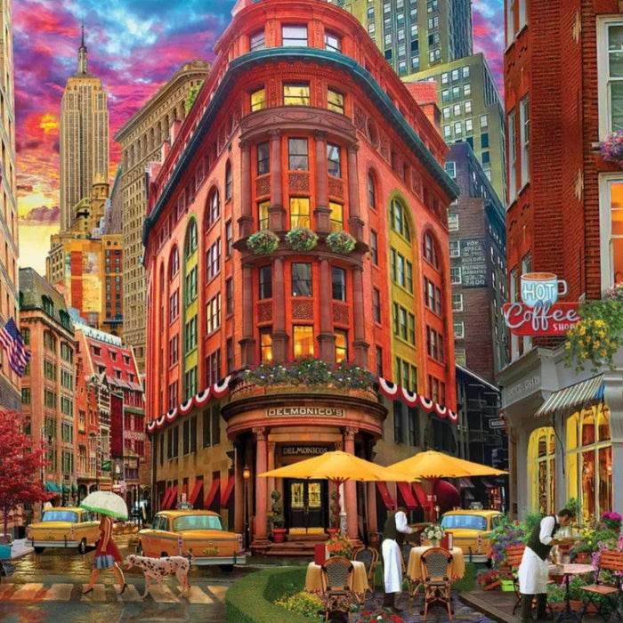 Colorful city street scene with buildings, streetlights, and people.