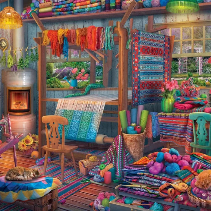 Colorful interior of a textile workshop with loom, yarn, and sewing equipment.