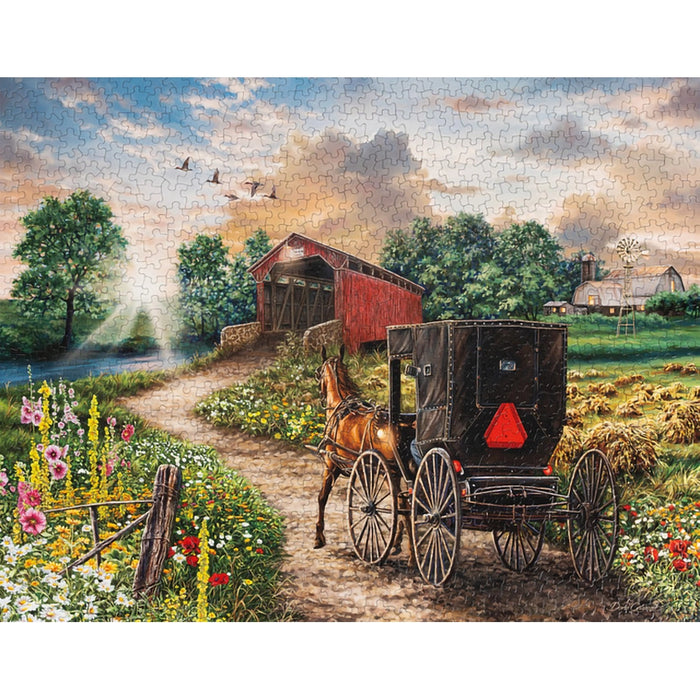 Jigsaw puzzle with a horse-drawn carriage and covered bridge in a rural landscape.