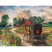 Jigsaw puzzle with a horse-drawn carriage and covered bridge in a rural landscape.