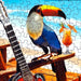 Jigsaw puzzle with a toucan, guitar, and cocktail on a beach scene