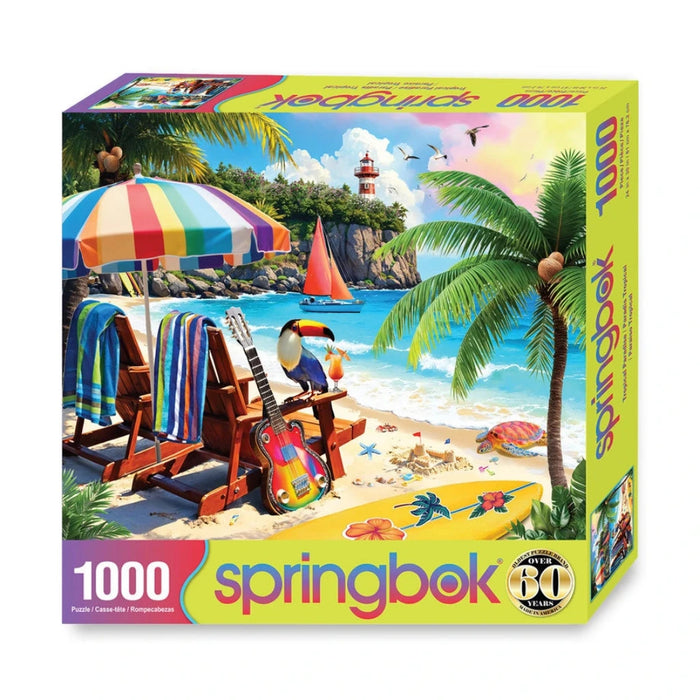 Springbok 1000-piece puzzle box with a tropical beach scene