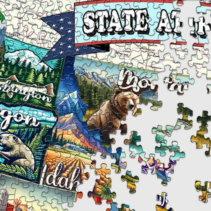 Jigsaw puzzle with images of Washington, Oregon, and Idaho, featuring a bear and other scenic elements.