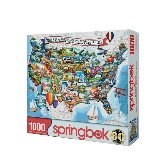 Springbok puzzle box featuring a map of the United States with various attractions on a white background
