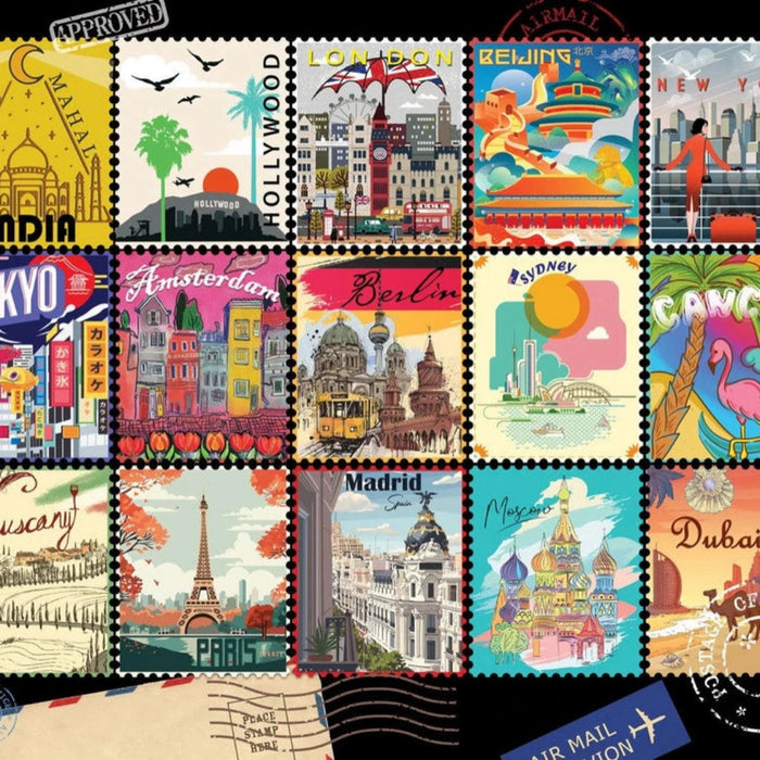 Collection of colorful postage stamps with various world landmarks and cities.