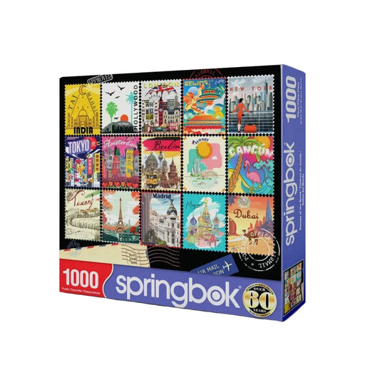 Springbok puzzle box with colorful world landmarks design on a white background