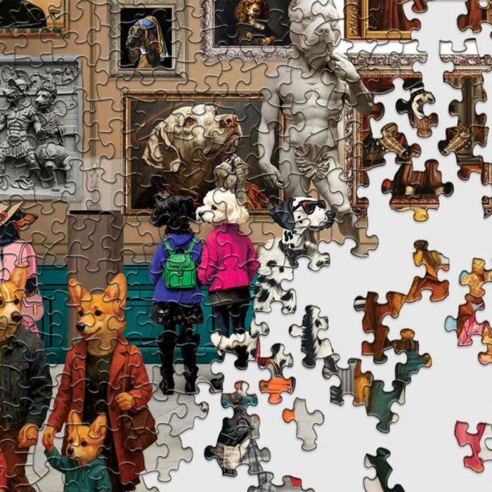 Jigsaw puzzle with completed pieces showing people and animals, and missing pieces.