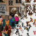 Jigsaw puzzle with completed pieces showing people and animals, and missing pieces.