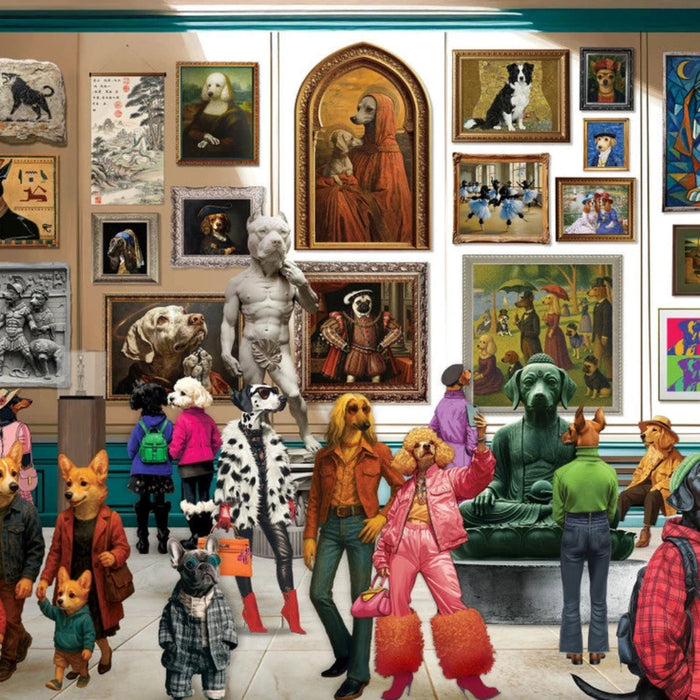 Artistic collage of animals in various poses and outfits, with a diverse array of artworks in the background.