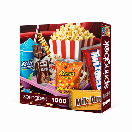 Box of Springbok candy with various candy bars and a bucket of popcorn on a white background