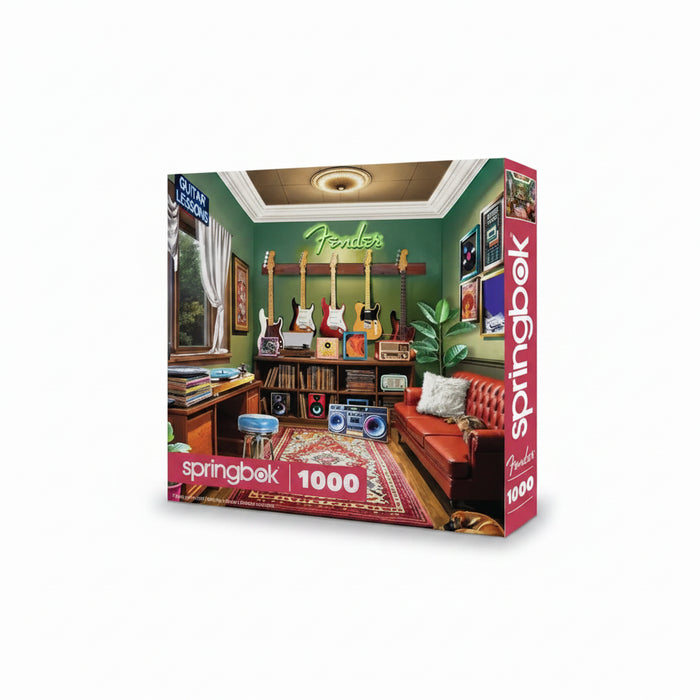 This Springbok Fender Guitar Lessons 1000 Piece Jigsaw Puzzle features a vibrant Fender-themed design packed with color and detail.