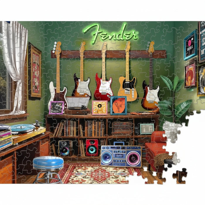 This Springbok Fender Guitar Lessons 1000 Piece Jigsaw Puzzle features a vibrant Fender-themed design packed with color and detail.