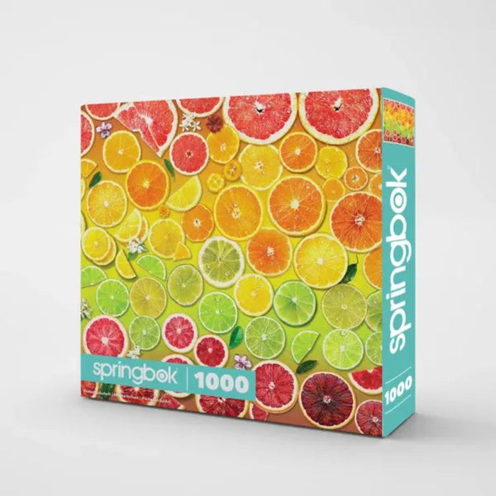 This Springbok Citrus Rainbow 1000 Piece Jigsaw Puzzle features a dazzling spectrum of citrus hues, vivid oranges, sunny yellows, and zesty limes.