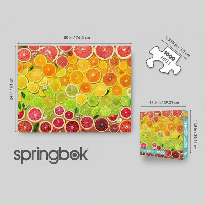 This Springbok Citrus Rainbow 1000 Piece Jigsaw Puzzle features a dazzling spectrum of citrus hues, vivid oranges, sunny yellows, and zesty limes.