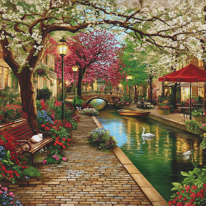 Springbok Golden Hour Canal 1000-piece jigsaw puzzle featuring a scenic canal glowing in warm golden light