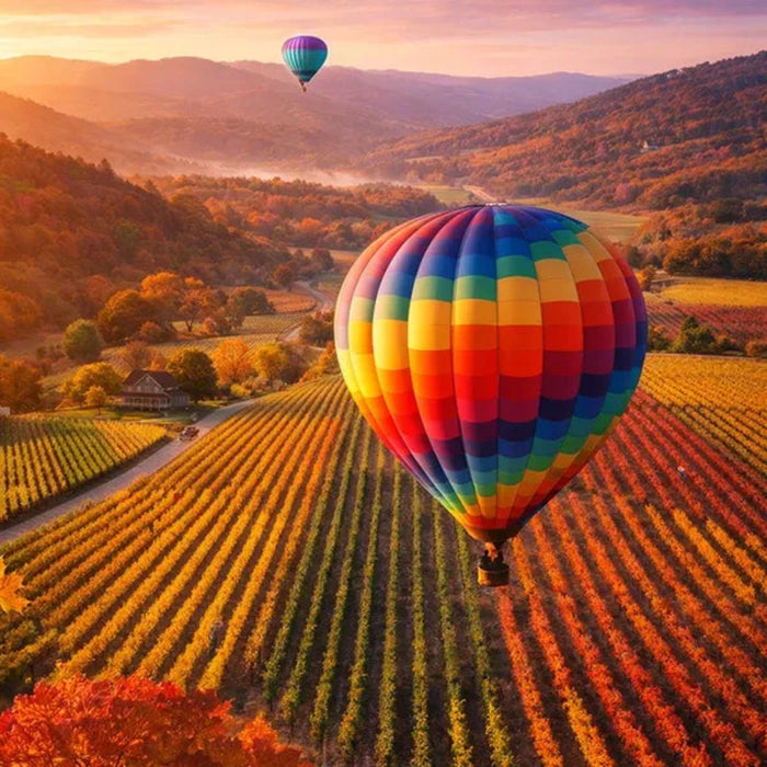 This Springbok Vineyard Balloon 1000-Piece Jigsaw Puzzle captures a beautiful vineyard scene with a colorful hot air balloon floating above the landscape.